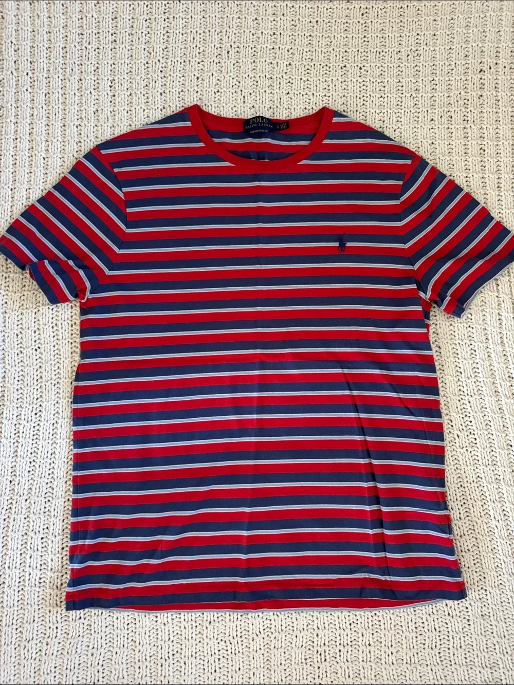 Polo by Ralph Lauren Red, Navy & White Striped Crew Neck Tee